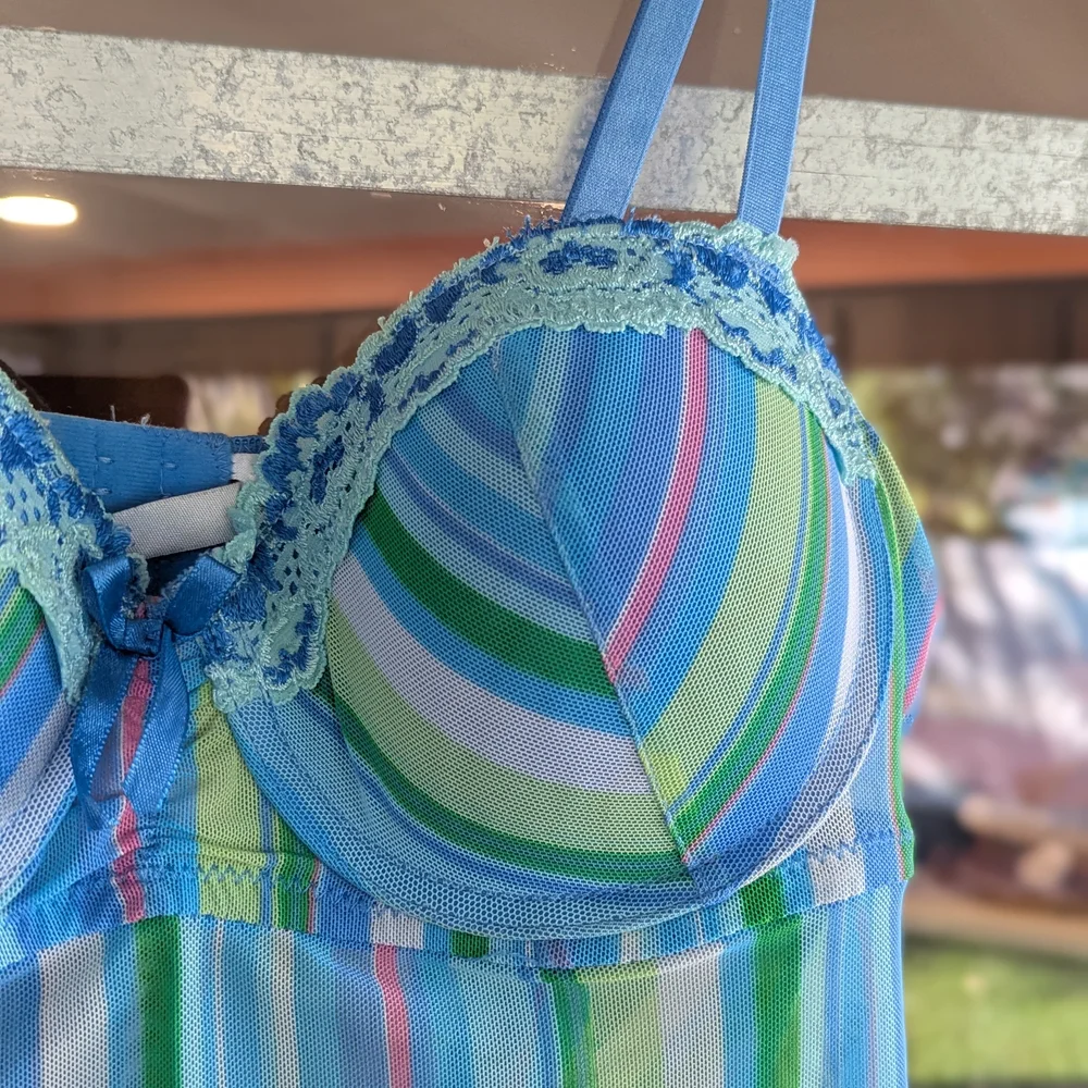 Vintage Y2k Fairy Rampage Medium Slip Striped Bustier Blue Green Chemise - Picture 6 of 13